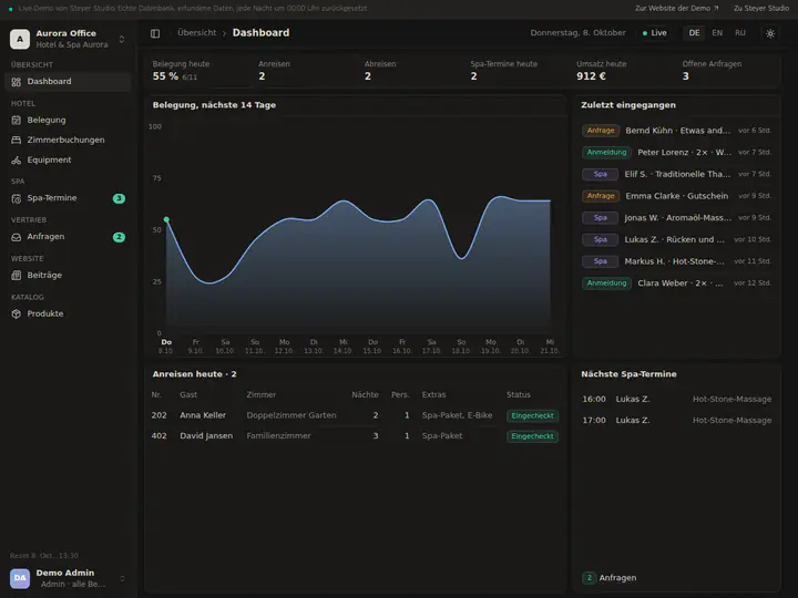 Live-Demo von Steyer Studio: Das Admin-Panel