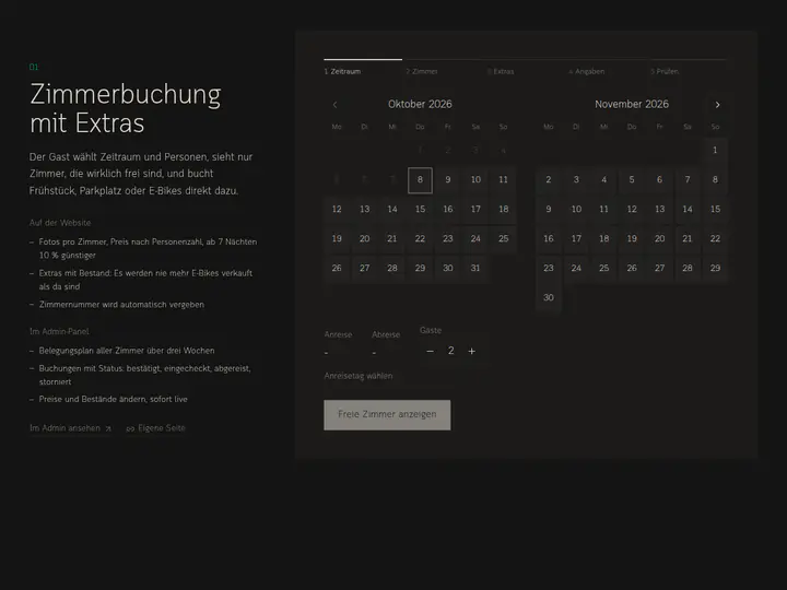 Live-Demo von Steyer Studio: Zimmerbuchung mit Extras