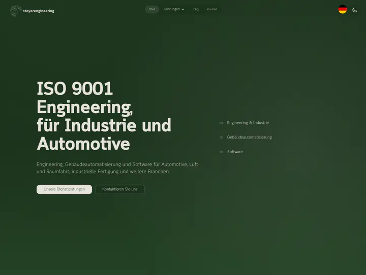 Startseite von steyer-engineering.com im dunklen Design