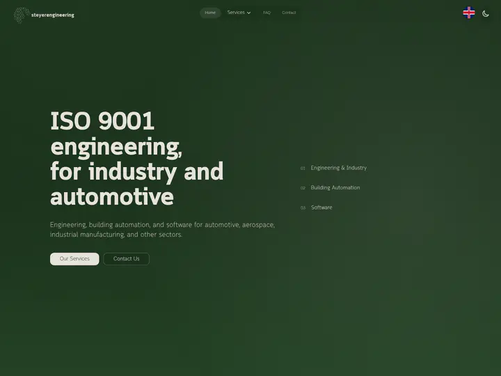 Home page of steyer-engineering.com in the dark theme